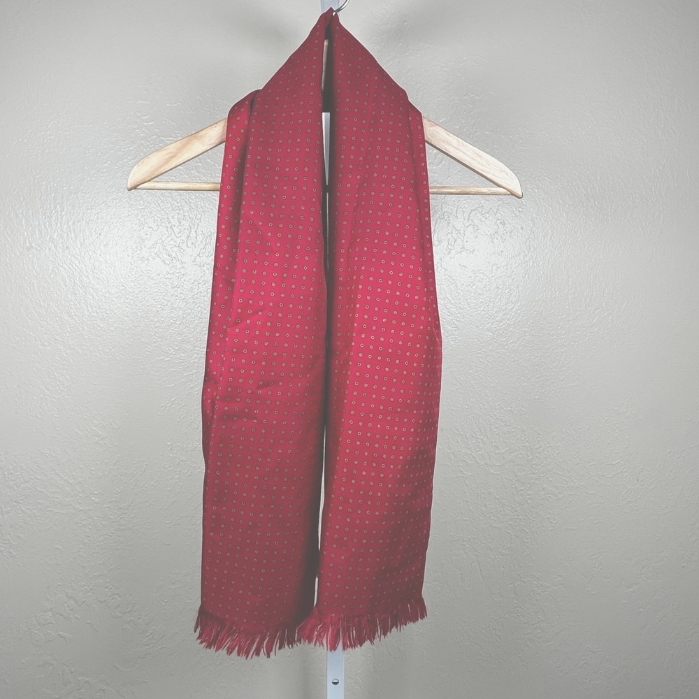Saks Fifth Avenue Scarf Red Mens Silk Lambswool Foulard Fringe Blend 52x12 Inch